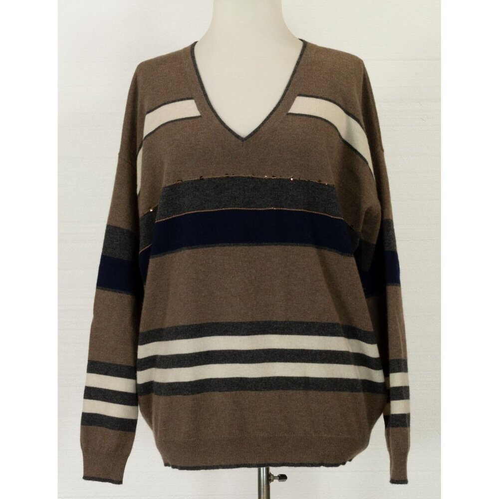 BRUNELLO CUCINELLI 100% CASHMERE STRIPED V-NECK SWEATER W/SEQUIN AND MONILI M